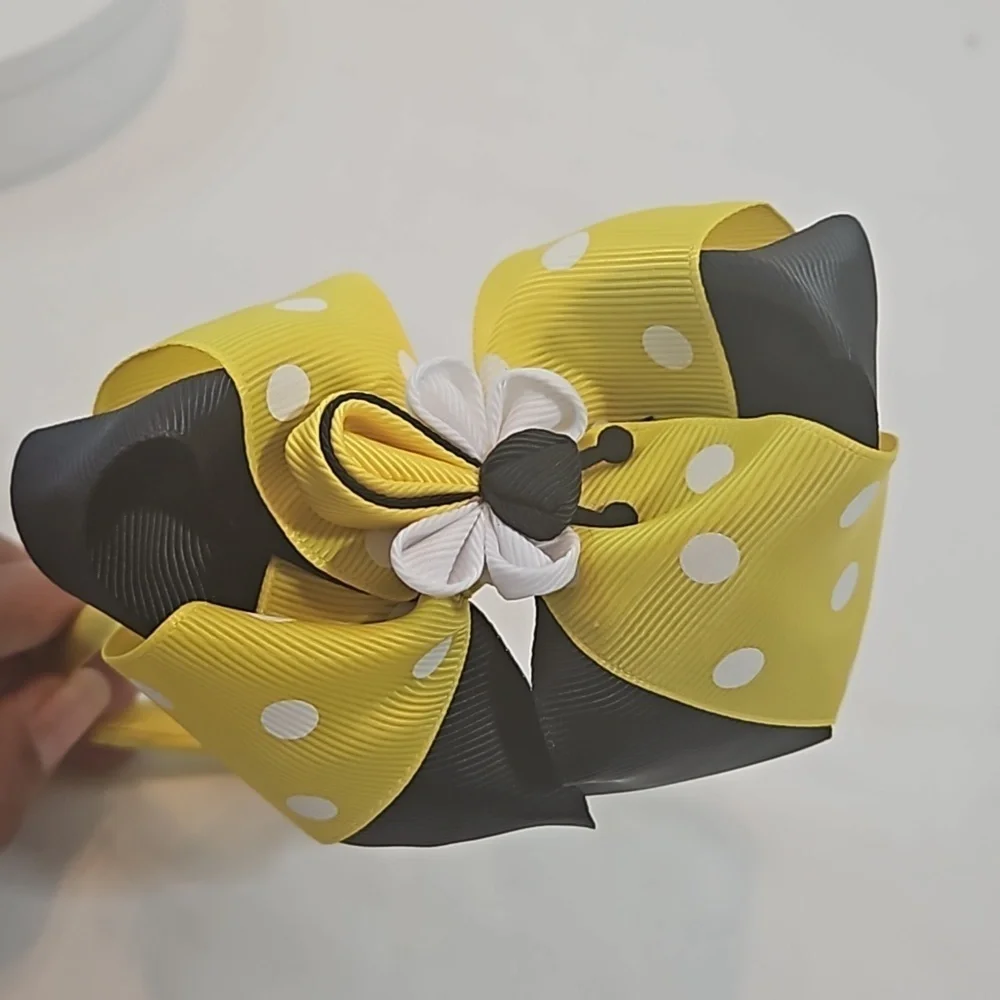 Hand Crafted Handmade Bow Hairband Yellow white polka-dot black contrast ribbon